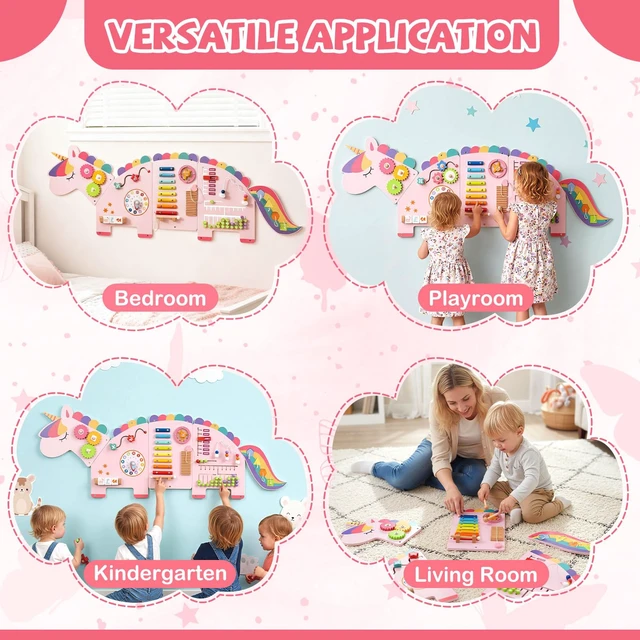 Alt view image 4 of 7 - Activity Wall Busy Board, 11-in-1 Montessori Wooden Sensory Board Panels for Kids 3+, Wall-Mounted Toddler Learning Activity Center for Playroom, Daycare, Nursery, Classroom (Pink)