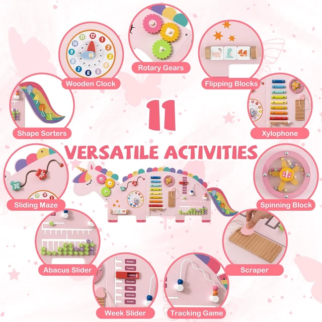 Alt view image 3 of 7 - Activity Wall Busy Board, 11-in-1 Montessori Wooden Sensory Board Panels for Kids 3+, Wall-Mounted Toddler Learning Activity Center for Playroom, Daycare, Nursery, Classroom (Pink)