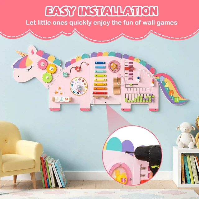 Alt view image 5 of 7 - Activity Wall Busy Board, 11-in-1 Montessori Wooden Sensory Board Panels for Kids 3+, Wall-Mounted Toddler Learning Activity Center for Playroom, Daycare, Nursery, Classroom (Pink)