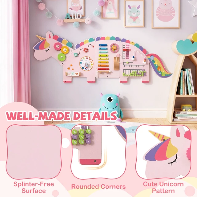 Alt view image 6 of 7 - Activity Wall Busy Board, 11-in-1 Montessori Wooden Sensory Board Panels for Kids 3+, Wall-Mounted Toddler Learning Activity Center for Playroom, Daycare, Nursery, Classroom (Pink)