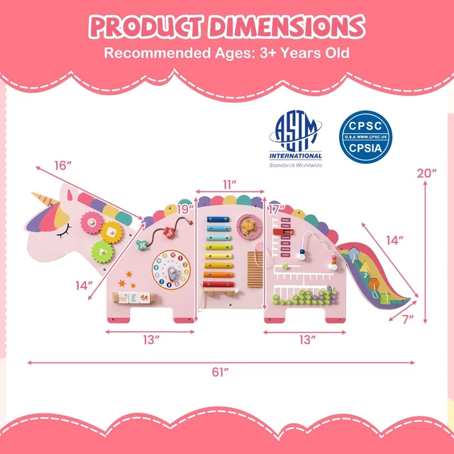 Alt view image 7 of 7 - Activity Wall Busy Board, 11-in-1 Montessori Wooden Sensory Board Panels for Kids 3+, Wall-Mounted Toddler Learning Activity Center for Playroom, Daycare, Nursery, Classroom (Pink)