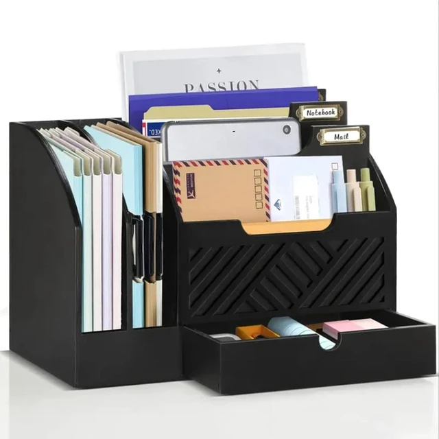 Main image of Wood Desk Organizer, Mail Organizer Countertop with Drawer, Black Fantasyon Desktop Mail Organizer with 6 Compartments, Wood Desk Drawer Organizer for File Letter Paper Folder