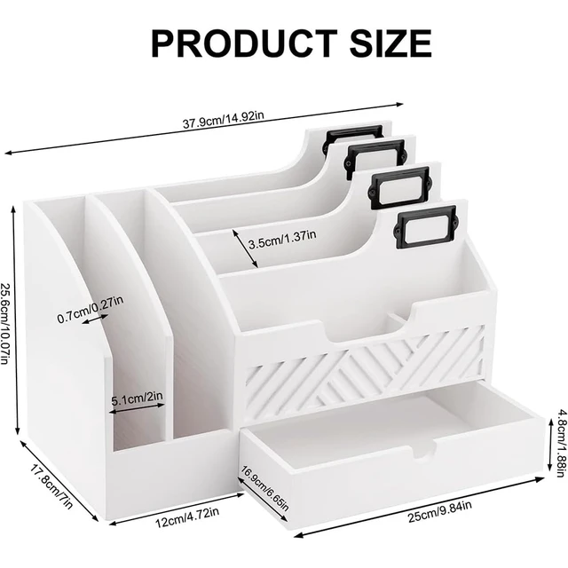 Alt view image 2 of 7 - Wood Desk Organizer, Mail Organizer Countertop with Drawer, Black Fantasyon Desktop Mail Organizer with 6 Compartments, Wood Desk Drawer Organizer for File Letter Paper Folder
