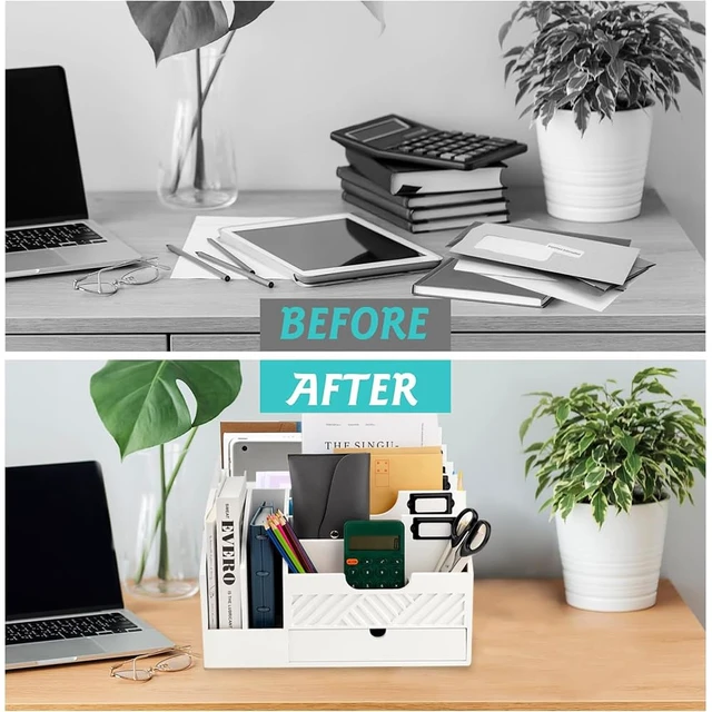 Alt view image 6 of 7 - Wood Desk Organizer, Mail Organizer Countertop with Drawer, Black Fantasyon Desktop Mail Organizer with 6 Compartments, Wood Desk Drawer Organizer for File Letter Paper Folder