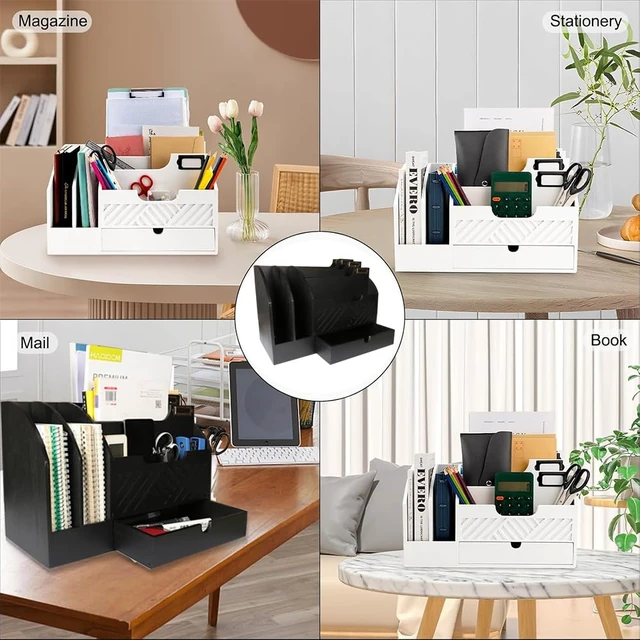 Alt view image 5 of 7 - Wood Desk Organizer, Mail Organizer Countertop with Drawer, Black Fantasyon Desktop Mail Organizer with 6 Compartments, Wood Desk Drawer Organizer for File Letter Paper Folder