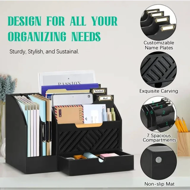 Alt view image 3 of 7 - Wood Desk Organizer, Mail Organizer Countertop with Drawer, Black Fantasyon Desktop Mail Organizer with 6 Compartments, Wood Desk Drawer Organizer for File Letter Paper Folder