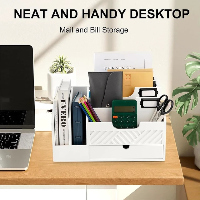 Alt view image 7 of 7 - Wood Desk Organizer, Mail Organizer Countertop with Drawer, Black Fantasyon Desktop Mail Organizer with 6 Compartments, Wood Desk Drawer Organizer for File Letter Paper Folder