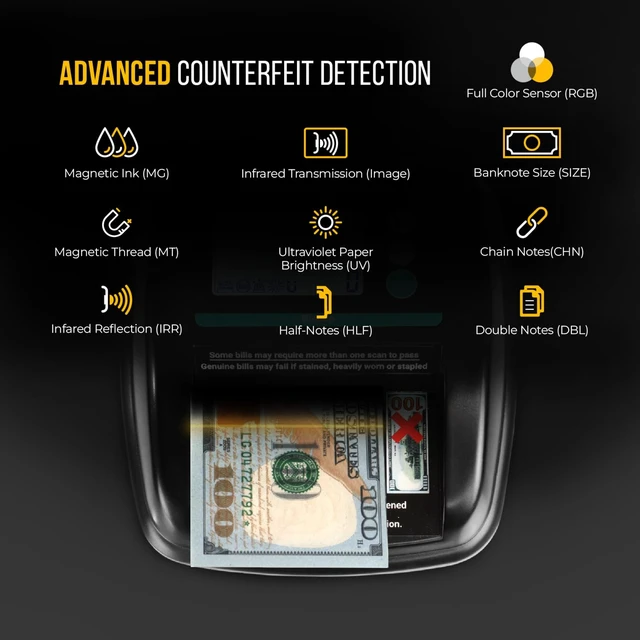 Alt view image 2 of 2 - Bishop Automatic Counterfeit Bill Detector Machine with 5 Advanced Counterfeit Detection Checks UV/MG/IR/Size/RGB - Fake Money Detector, LCD Screen, Easy to Use, Compact and Lightweight