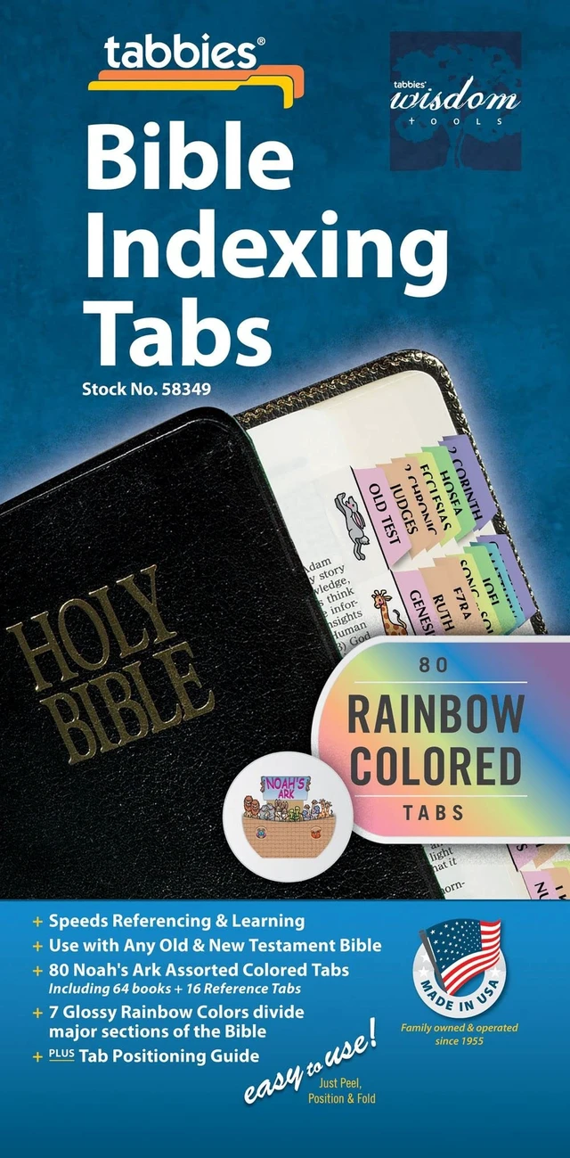 Alt view image 2 of 7 - Noah's Ark Rainbow Laminated Bible Tabs, 20-Pack Display, 1x1/4in Laminated For Strength And Durability; Wraparound Construction And Positioning Guides Support Consistent, Lasting Placement