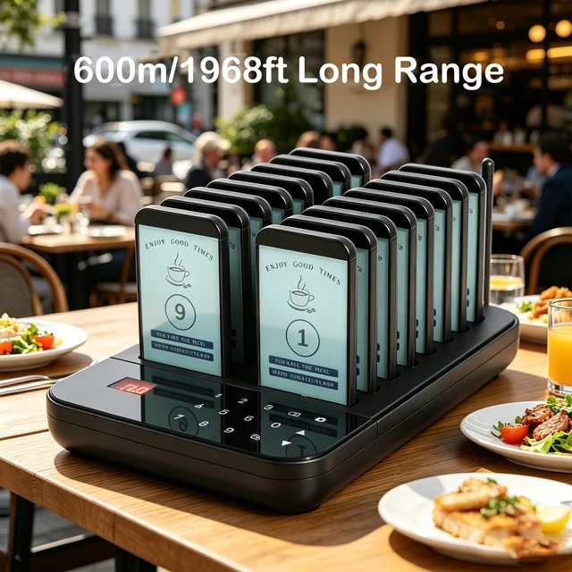 Alt view image 3 of 7 - Restaurant Pager System, Pagers for Restaurants,800m/2624ft Long Range, Silent Beep Off, Set with Buzzer, Vibration and Flashing, Custom Stickers,for Food Truck, Bars, Food Court(16 Pagers)