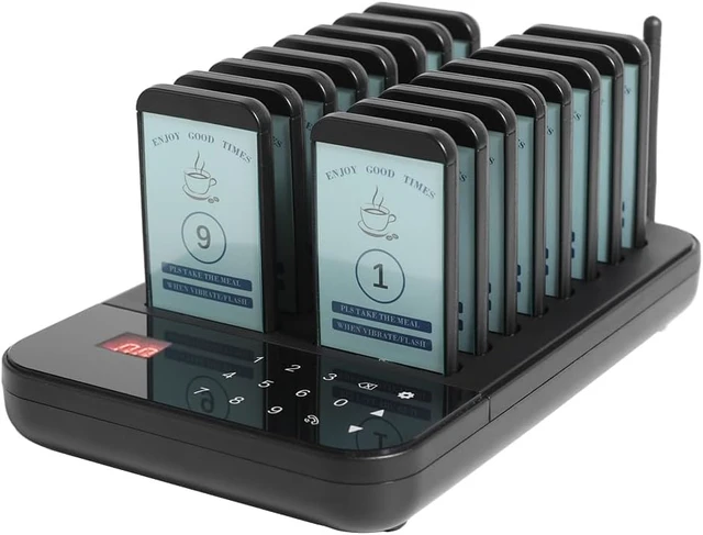 Alt view image 4 of 7 - Restaurant Pager System, Pagers for Restaurants,800m/2624ft Long Range, Silent Beep Off, Set with Buzzer, Vibration and Flashing, Custom Stickers,for Food Truck, Bars, Food Court(16 Pagers)