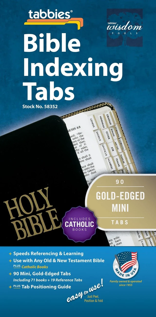 Alt view image 2 of 7 - Mini Catholic Gold Laminated Bible Tabs, 20-Pack Display, 1/2x1/4in Laminated For Strength And Durability; Wraparound Construction And Positioning Guides Support Consistent, Lasting Placement