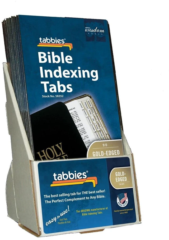 Main image of Mini Catholic Gold Laminated Bible Tabs, 20-Pack Display, 1/2x1/4in Laminated For Strength And Durability; Wraparound Construction And Positioning Guides Support Consistent, Lasting Placement