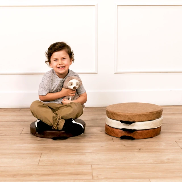 Alt view image 5 of 7 - Rustic Kid 15 inch Round Floor Cushions with Handles, Distressed Faux Leather, Flexible Seating for Home, Playroom, Montessori, Daycare, Classroom (4-Piece), 12223-DA
