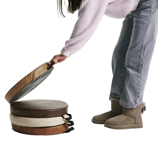 Alt view image 4 of 7 - Rustic Kid 15 inch Round Floor Cushions with Handles, Distressed Faux Leather, Flexible Seating for Home, Playroom, Montessori, Daycare, Classroom (4-Piece), 12223-DA