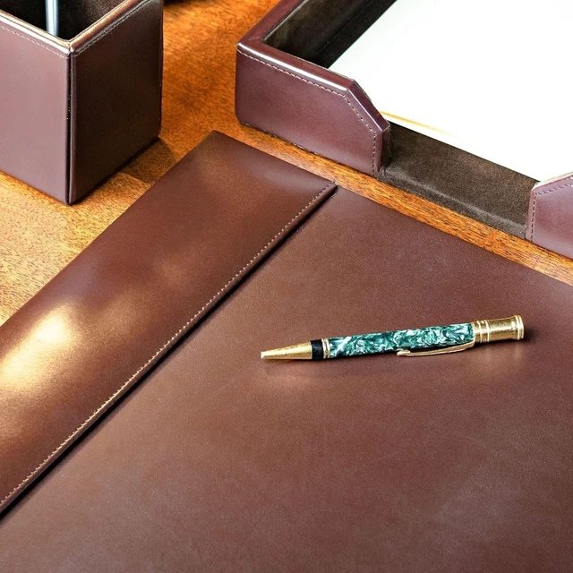 Alt view image 2 of 6 - Luxury Bonded Leather Desk Blotter for Writing with Raised Side Rails, 30 x 18, Brown