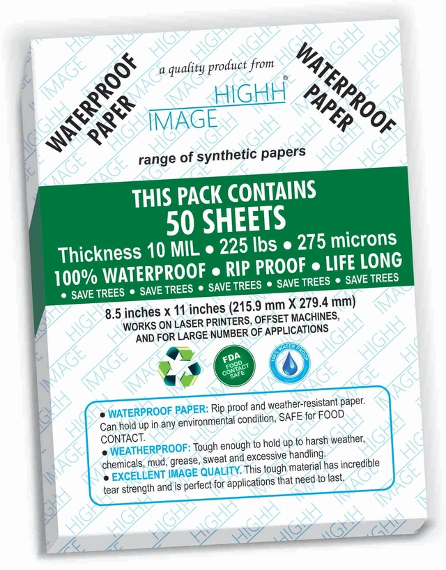 Main image of Premium Waterproof Synthetic Paper 10 MIL 8.5 x 11 Non-Tear 50 Sheets Extra Strong Life Long Durable Rain and Weather-Proof 275 Micron Paper for Laser Printer, Waterproof Non-Tear Synthetic Paper