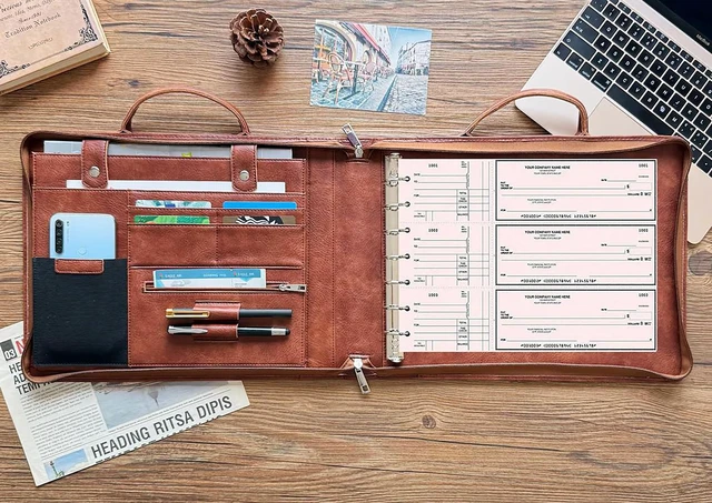 Alt view image 2 of 7 - 7 Ring Check Binder Vegan Leather Portfolio for 3-Up Business Size Checks, with Handle and Zippered Briefcase with 500 Check Capacity9 x 13 inch Sheets