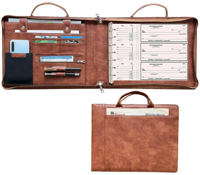 Main image of 7 Ring Check Binder Vegan Leather Portfolio for 3-Up Business Size Checks, with Handle and Zippered Briefcase with 500 Check Capacity9 x 13 inch Sheets