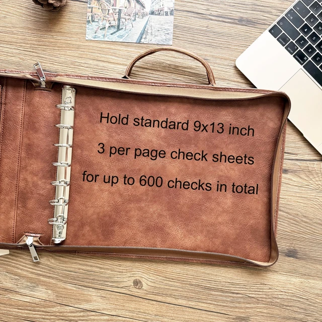 Alt view image 7 of 7 - 7 Ring Check Binder Vegan Leather Portfolio for 3-Up Business Size Checks, with Handle and Zippered Briefcase with 500 Check Capacity9 x 13 inch Sheets