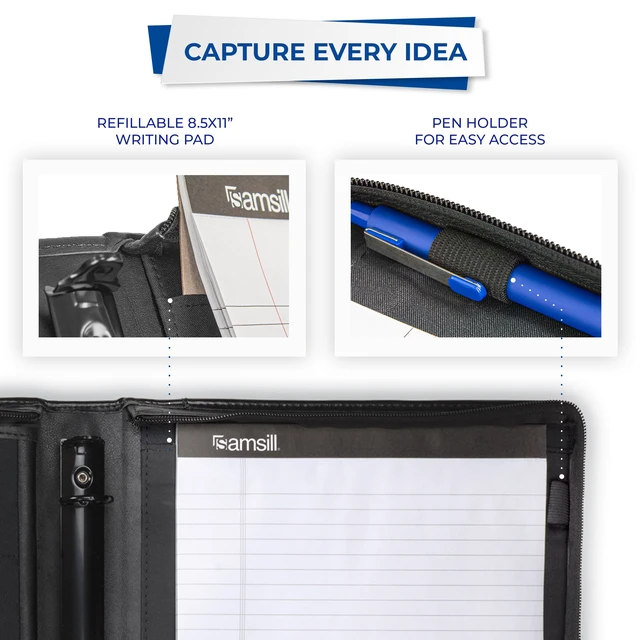 Alt view image 6 of 7 - 15540 Regal Leather Padfolio Zipper 1 inch Ring Binder, Carry Handle, Interior 10.1 Inch Tablet Sleeve, Letter Size Writing Pad, Black
