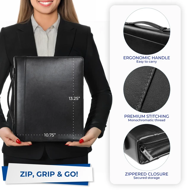 Alt view image 5 of 7 - 15540 Regal Leather Padfolio Zipper 1 inch Ring Binder, Carry Handle, Interior 10.1 Inch Tablet Sleeve, Letter Size Writing Pad, Black
