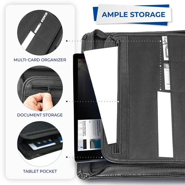 Alt view image 7 of 7 - 15540 Regal Leather Padfolio Zipper 1 inch Ring Binder, Carry Handle, Interior 10.1 Inch Tablet Sleeve, Letter Size Writing Pad, Black