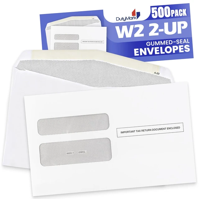 Alt view image 3 of 7 - 500 W2 Envelopes, Designed for Printed W2 Laser forms, W-2 Printed 2 Up Forms use by QuickBooks and other Tax Software -Gummed Seal- Double Window Security Envelopes Box of 500