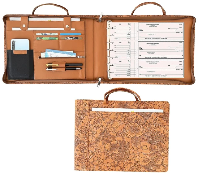 Main image of 7 Ring Check Binder Vegan Leather Portfolio for 3-Up Business Checks with Handle and Zipper 500 Check Capacity, 9 x 13 inch Sheets Flower Debossed