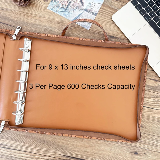 Alt view image 7 of 7 - 7 Ring Check Binder Vegan Leather Portfolio for 3-Up Business Checks with Handle and Zipper 500 Check Capacity, 9 x 13 inch Sheets Flower Debossed