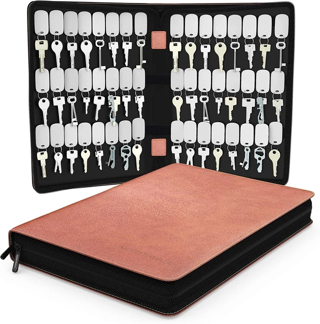Main image of Leather Key Storage Organizer Case 48 Tags Zippered Binder for Property, Office, and Car Keys Portable Landlord Key Organizer for Landlords and Real Estate Professionals (Brown)