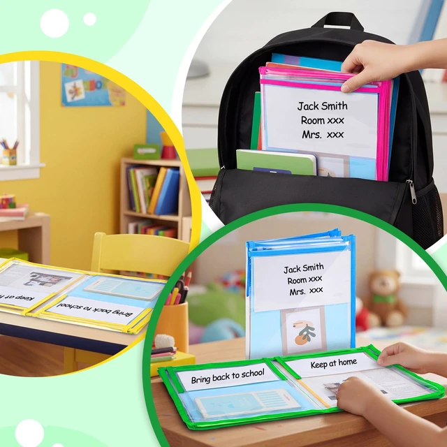 Alt view image 2 of 7 - 10 Set Clear Book Pouches School-to-Home Organizer Folders 3 Blank Tags 2 Pockets, Folds Shut, Hook & Loop Closures, Waterproof, Back to School Book Bags for Classroom Library Homework