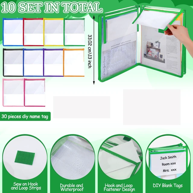 Alt view image 3 of 7 - 10 Set Clear Book Pouches School-to-Home Organizer Folders 3 Blank Tags 2 Pockets, Folds Shut, Hook & Loop Closures, Waterproof, Back to School Book Bags for Classroom Library Homework