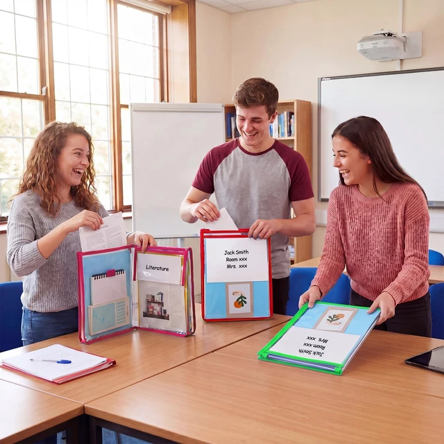 Alt view image 7 of 7 - 10 Set Clear Book Pouches School-to-Home Organizer Folders 3 Blank Tags 2 Pockets, Folds Shut, Hook & Loop Closures, Waterproof, Back to School Book Bags for Classroom Library Homework