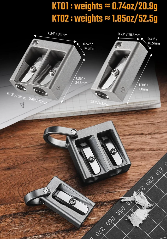 Alt view image 6 of 7 - KT02 Double Hole Titanium Pencil Sharpener with German Steel Blade Compact Pocket Size, Keychain Attachment, Sturdy for School, Office and Outdoor Use (Black, Dual hole)