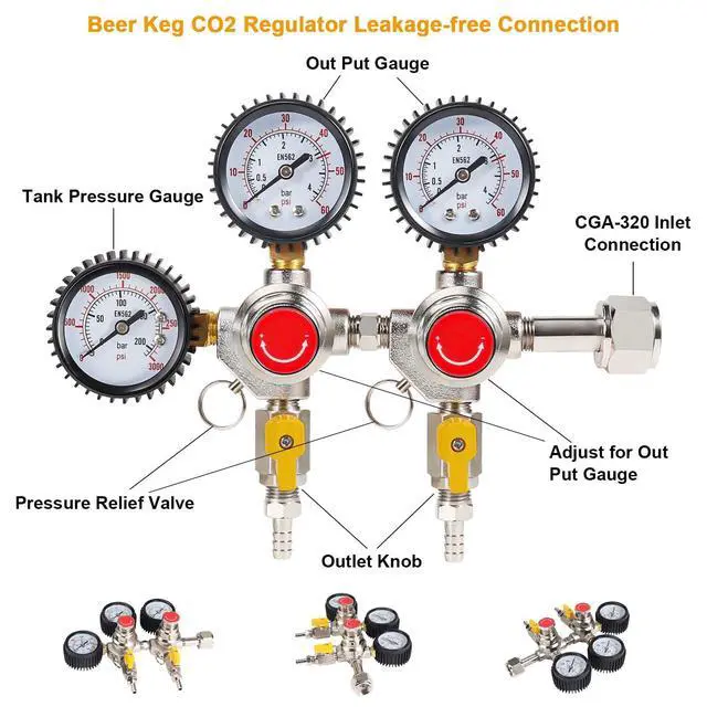 Alt view image 3 of 6 - Co2 Regulator for Kegerator, CGA-320 Co2 Regulator Dual Output Co2 Tank Regulator with 4 Hose Clamps, Draft Beer Kegerator Co2 Regulator Co2 Pressure Regulator for Home Brewing
