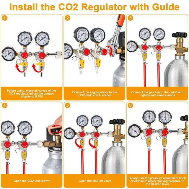 Alt view image 4 of 6 - Co2 Regulator for Kegerator, CGA-320 Co2 Regulator Dual Output Co2 Tank Regulator with 4 Hose Clamps, Draft Beer Kegerator Co2 Regulator Co2 Pressure Regulator for Home Brewing