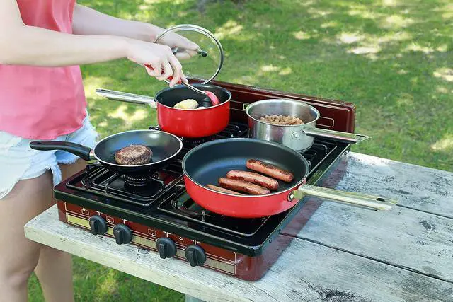 Alt view image 2 of 6 - Victoria PFK-400A 4 Burner Gas Stove, 000 BTU Portable Cooktop | Porcelain Cover, Manual Ignition, LP Gas, Outdoor Gas Stove for Camping, Tailgating, Cookouts, Bronze, Thoughtfully Made