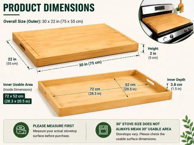 Alt view image 3 of 6 - Bamboo Noodle Board Stove Top Cover 30x22 in Reversible 4-Piece Set | Wooden stovetop cover for gas & electric stove, cutting board with juice groove & handles, silicone mat, 2 trays, 8 pads