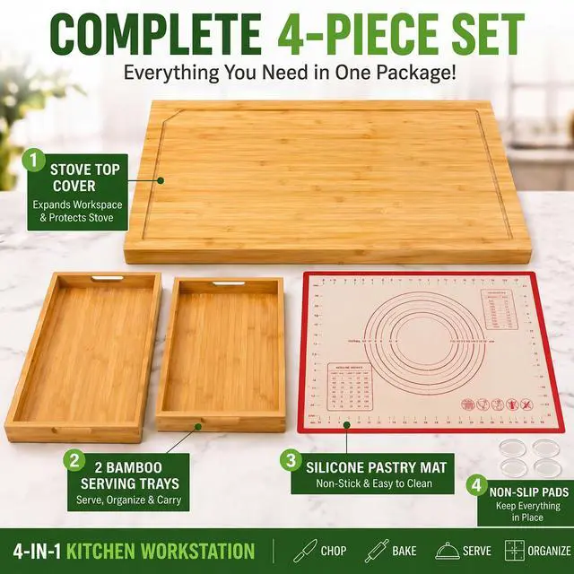 Alt view image 4 of 6 - Bamboo Noodle Board Stove Top Cover 30x22 in Reversible 4-Piece Set | Wooden stovetop cover for gas & electric stove, cutting board with juice groove & handles, silicone mat, 2 trays, 8 pads