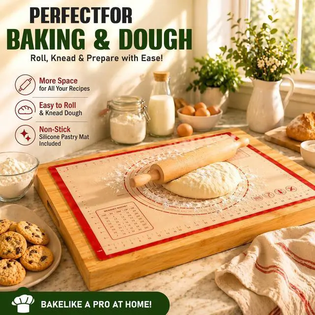 Alt view image 5 of 6 - Bamboo Noodle Board Stove Top Cover 30x22 in Reversible 4-Piece Set | Wooden stovetop cover for gas & electric stove, cutting board with juice groove & handles, silicone mat, 2 trays, 8 pads