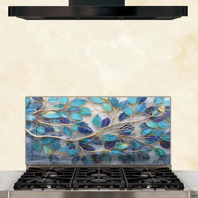 Alt view image 2 of 6 - Tempered Glass Backsplash Kitchen,Branch or Leave Design,30"x14" | Back Splash Panel Protector, Easy to Clean, Kitchen Wall Decor