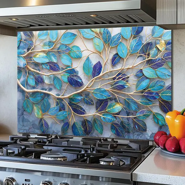 Alt view image 4 of 6 - Tempered Glass Backsplash Kitchen,Branch or Leave Design,30"x14" | Back Splash Panel Protector, Easy to Clean, Kitchen Wall Decor