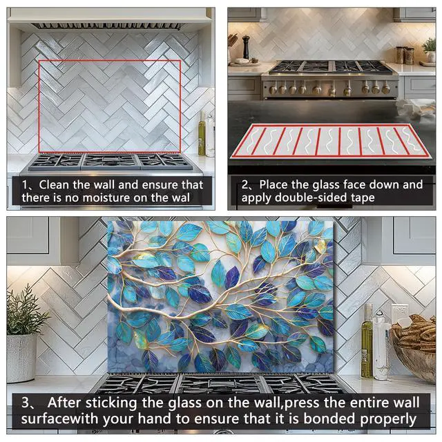Alt view image 6 of 6 - Tempered Glass Backsplash Kitchen,Branch or Leave Design,30"x14" | Back Splash Panel Protector, Easy to Clean, Kitchen Wall Decor