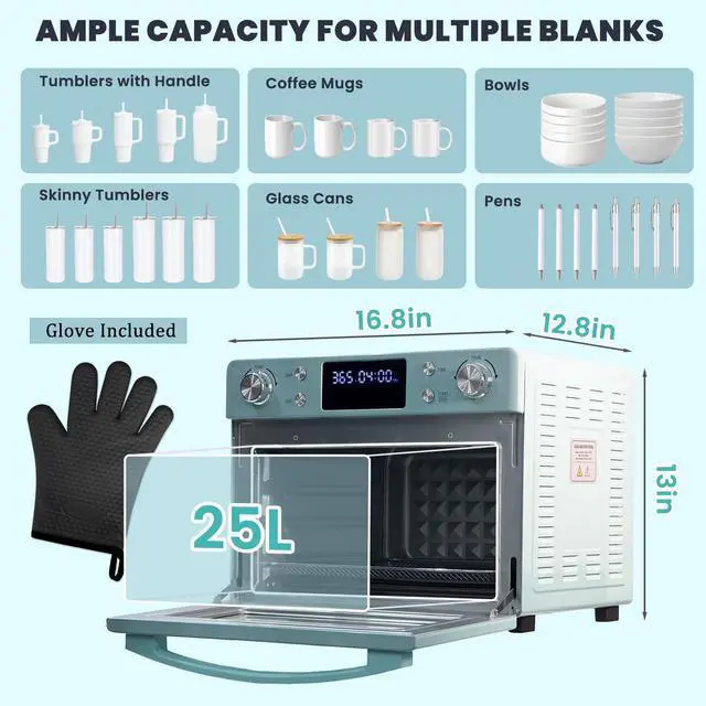 Alt view image 3 of 6 - Sublimation Oven Machine 25L 110V 1700W Blue with Digital Display, Large Capacity Convection Oven with LED Light for Sublimation Blanks Tumblers Mugs Cups Bottles Bulk Transfer with Glove