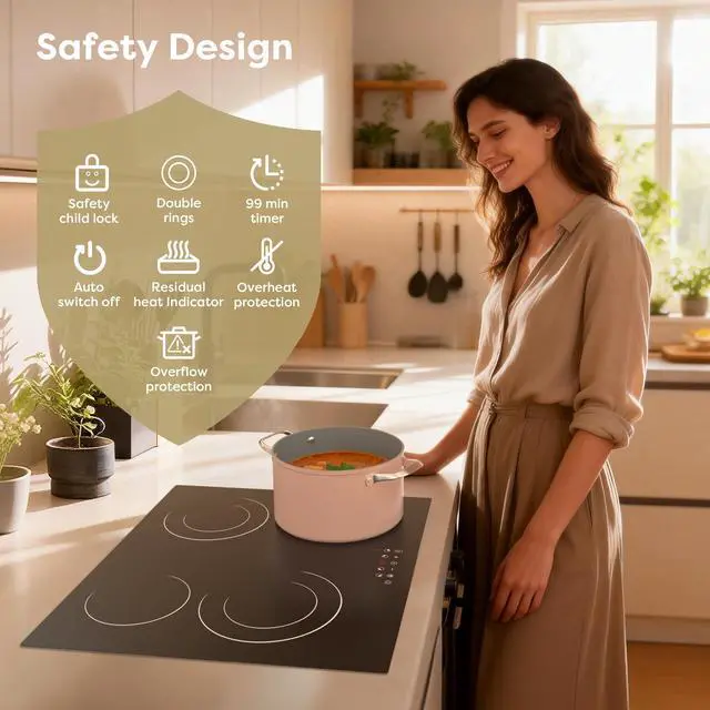 Alt view image 2 of 6 - 24 Inch Electric Cooktop 4 Burners 6600W Dual Heating Ring | Built-in Ceramic Radiant Stove Top, 220-240V Hard Wire (No Plug), Touch Control, Child Lock & Multiple Safety Protection