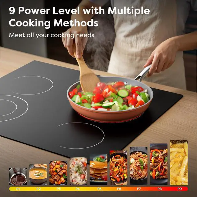 Alt view image 4 of 6 - 24 Inch Electric Cooktop 4 Burners 6600W Dual Heating Ring | Built-in Ceramic Radiant Stove Top, 220-240V Hard Wire (No Plug), Touch Control, Child Lock & Multiple Safety Protection