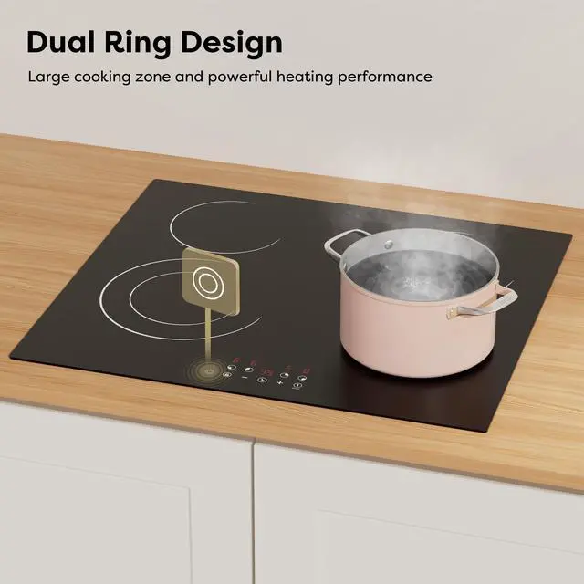 Alt view image 5 of 6 - 24 Inch Electric Cooktop 4 Burners 6600W Dual Heating Ring | Built-in Ceramic Radiant Stove Top, 220-240V Hard Wire (No Plug), Touch Control, Child Lock & Multiple Safety Protection
