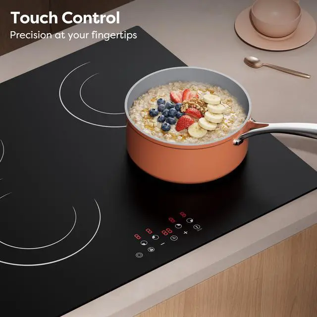 Alt view image 6 of 6 - 24 Inch Electric Cooktop 4 Burners 6600W Dual Heating Ring | Built-in Ceramic Radiant Stove Top, 220-240V Hard Wire (No Plug), Touch Control, Child Lock & Multiple Safety Protection