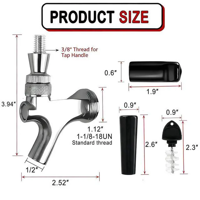 Alt view image 2 of 6 - 4 Sets All 304 Stainless Steel Beer Tap Faucet Kit - Draft Beer Dispenser with Handle, Spout Cover & Cleaning Brush for Kegerator Home Bar (All Stainless Steel Construction) (4)